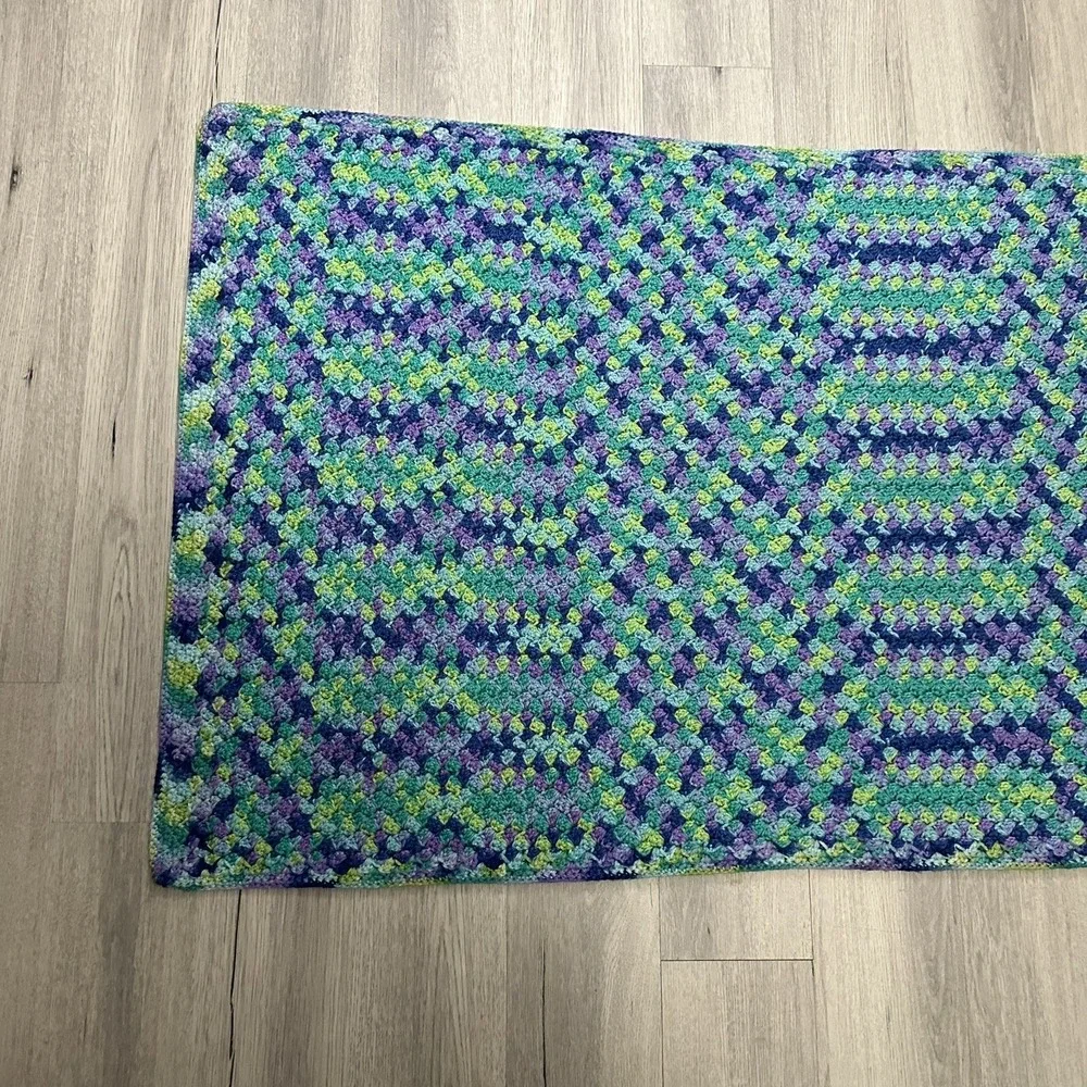 Handmade Crochet Throw Blanket Knit Lap Pastel Blue Purple Green Zig Zag 68 x 31